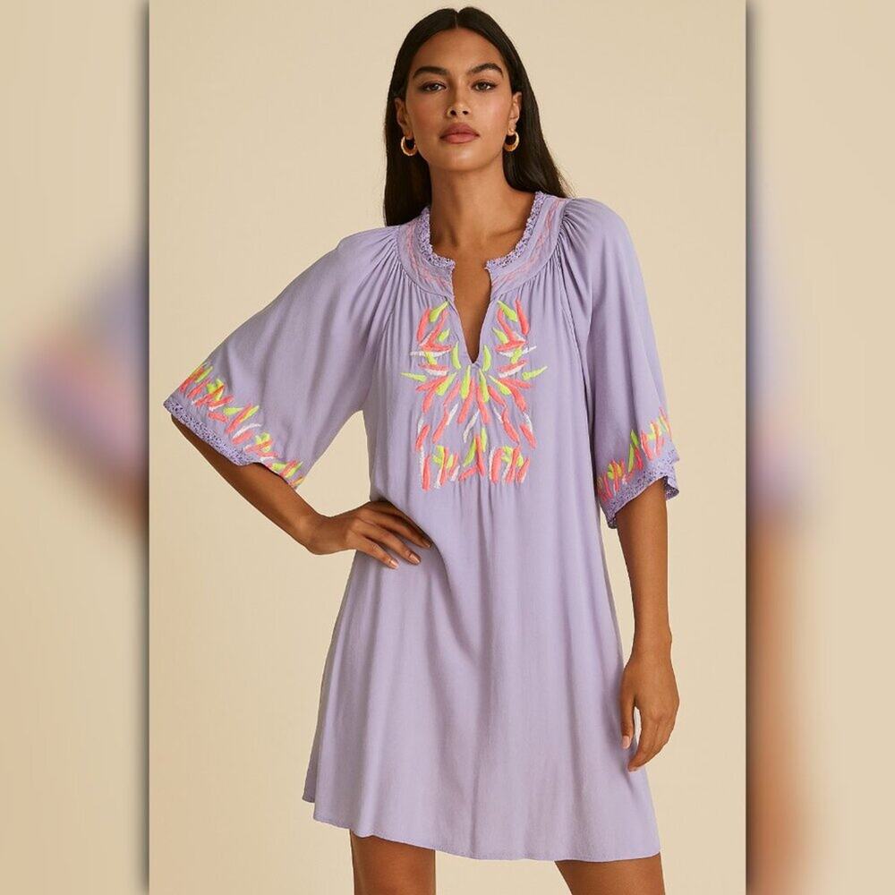 A392 • Neon Embroidered Lavender Tunic Dress